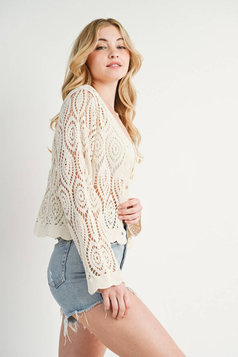 CROCHET CROPPED BUTTON FRONT CARDIGAN TOP