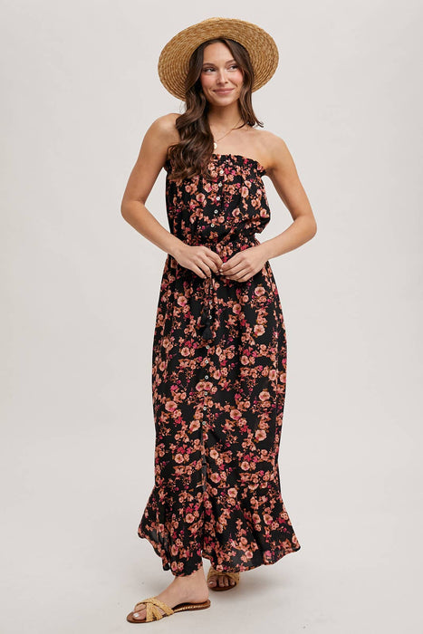 FLORAL PRINT SMOCKED RUFFLE TIERED MAXI DRESS