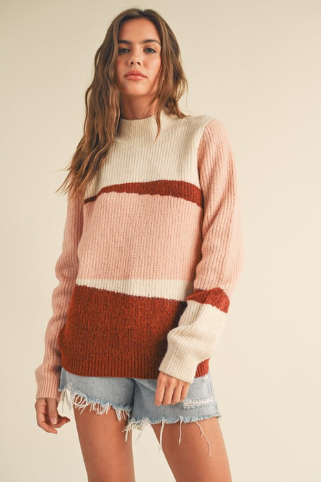 Mauve Combo Mock Neck Colorblock Pattern Sweater