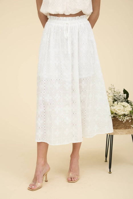 EYELET RUFFLE DETAIL MIDI SKIRT
