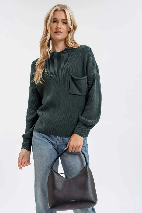 FUNNEL NECK LONG SLEEVE RIBBED PULLOVER SWEATER