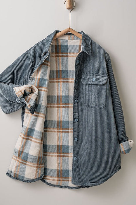 Reversible Corduroy & Plaid Shacket (Blue Stone)