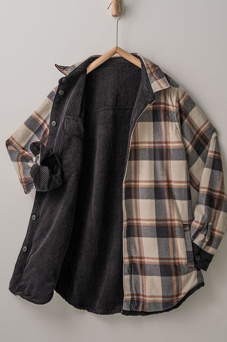 Reversible Corduroy & Plaid Shacket (Black)