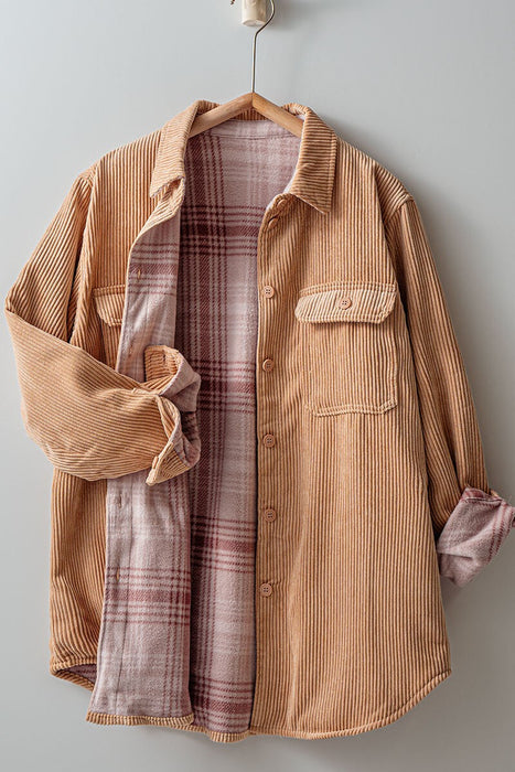 Reversible Corduroy & Plaid Shacket Camel