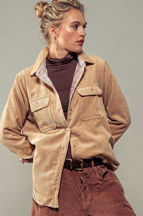 Reversible Corduroy & Plaid Shacket Camel