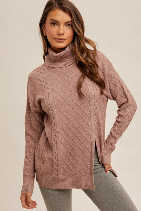 CABLE KNIT SPLIT HEM TURTLE NECK