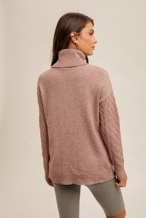 CABLE KNIT SPLIT HEM TURTLE NECK