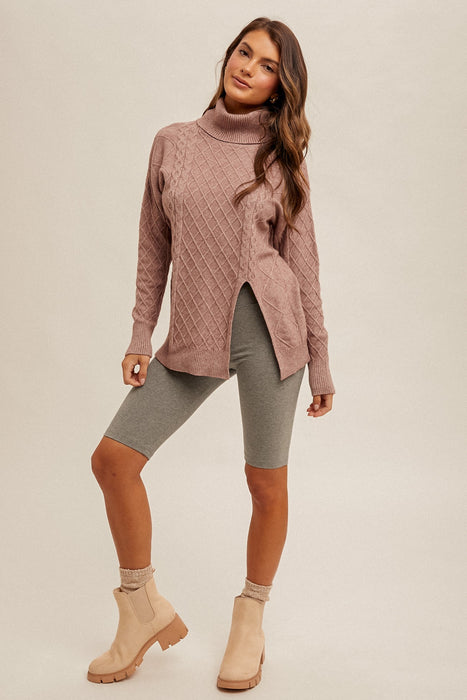 CABLE KNIT SPLIT HEM TURTLE NECK