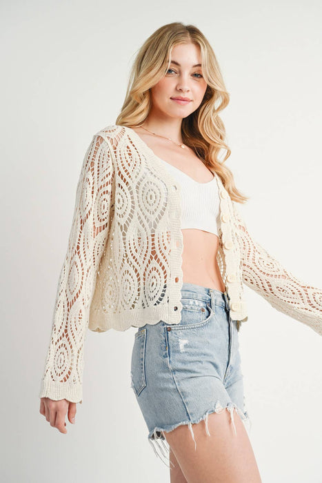 CROCHET CROPPED BUTTON FRONT CARDIGAN TOP