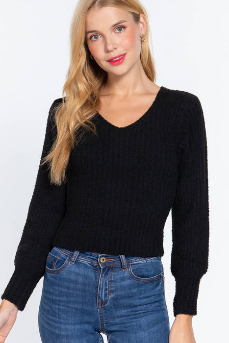 Long Puff Sleeve V-neck Rib Sweater Top