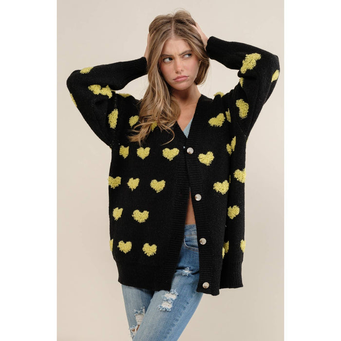 ALL OVER HEART PATTERN  SWEATER CARDIGAN