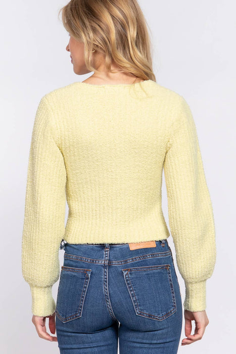 Long Puff Sleeve V-neck Rib Sweater Top