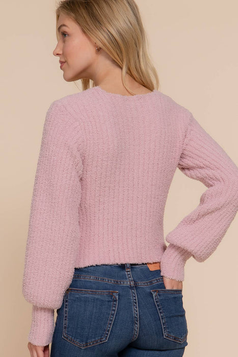 Long Puff Sleeve V-neck Rib Sweater Top