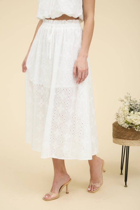 EYELET RUFFLE DETAIL MIDI SKIRT