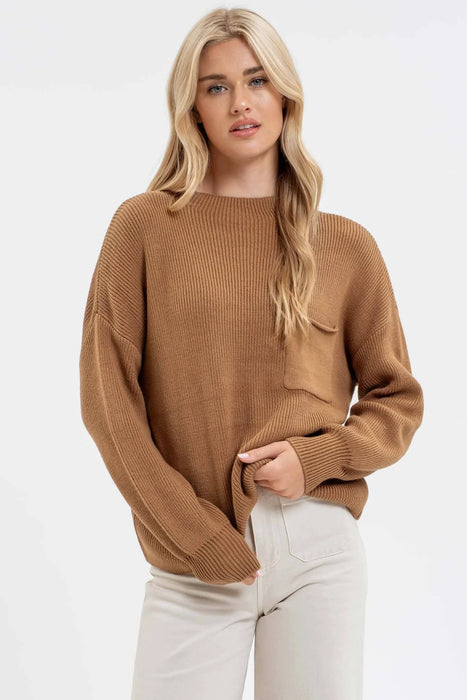 FUNNEL NECK LONG SLEEVE RIBBED PULLOVER SWEATER