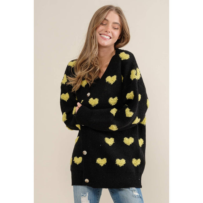 ALL OVER HEART PATTERN  SWEATER CARDIGAN