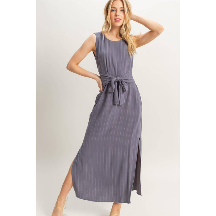 Striped Rayon Linen Side Slit Maxi