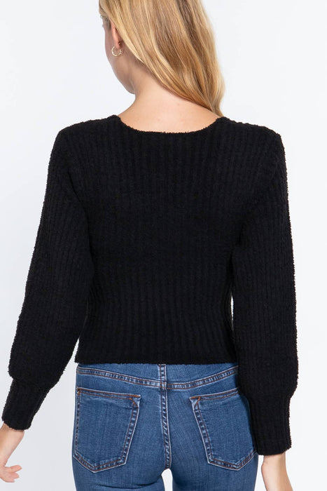 Long Puff Sleeve V-neck Rib Sweater Top