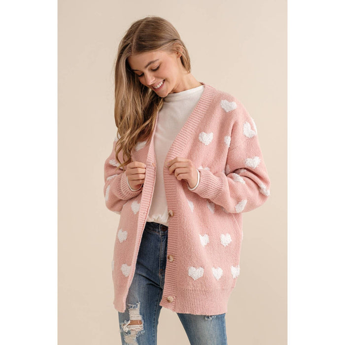 ALL OVER HEART PATTERN  SWEATER CARDIGAN