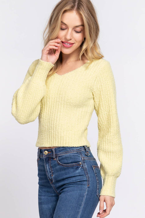 Long Puff Sleeve V-neck Rib Sweater Top