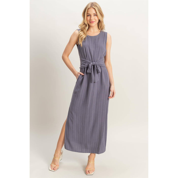 Striped Rayon Linen Side Slit Maxi