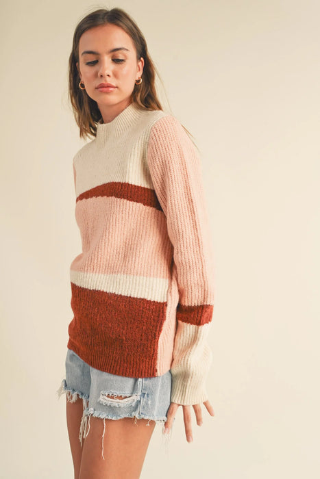Mauve Combo Mock Neck Colorblock Pattern Sweater