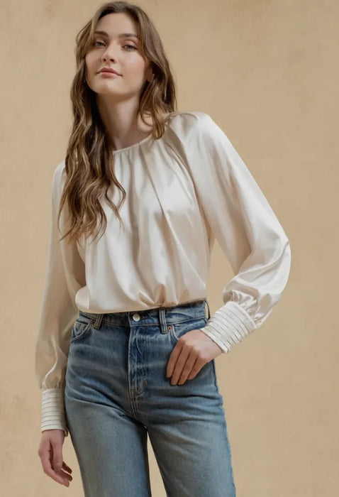 Satin Buttoned Sleeve Blouse Ivory