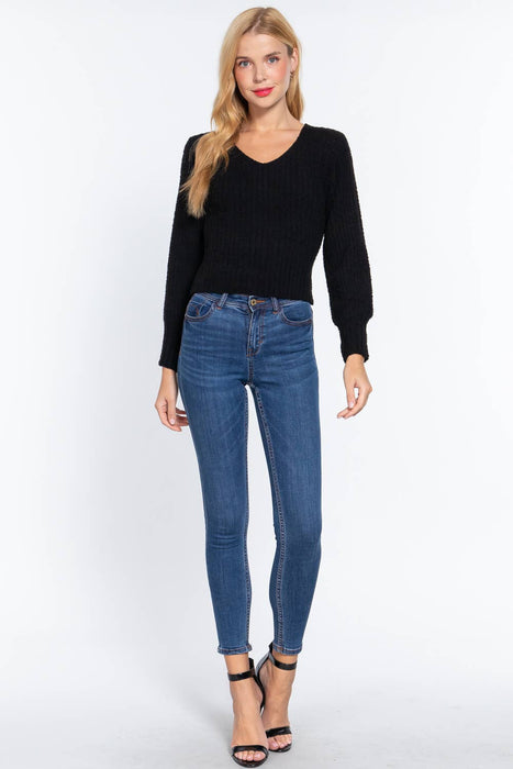 Long Puff Sleeve V-neck Rib Sweater Top