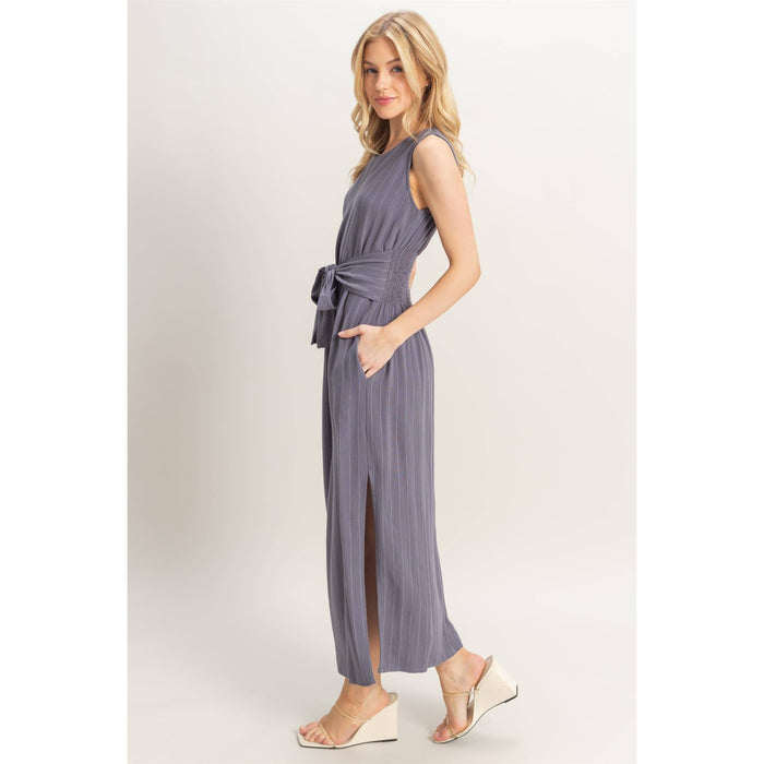 Striped Rayon Linen Side Slit Maxi