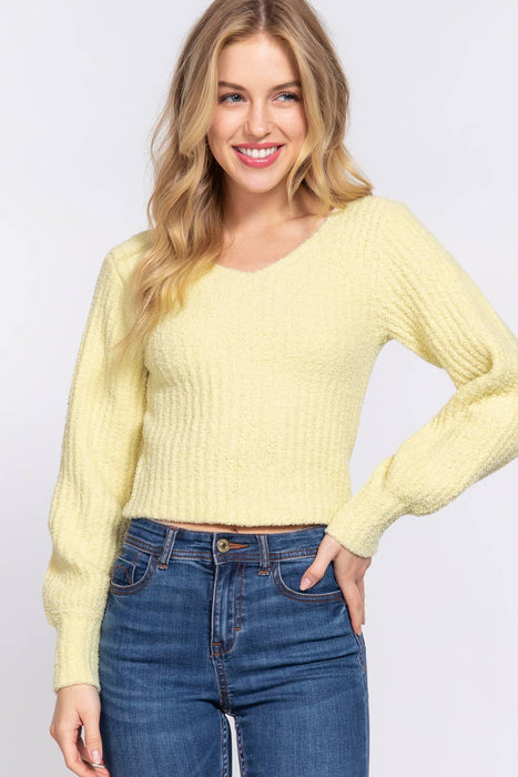 Long Puff Sleeve V-neck Rib Sweater Top