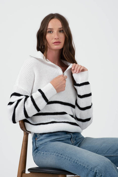 Odette Quarter Zip Sweater- Ivory/Black