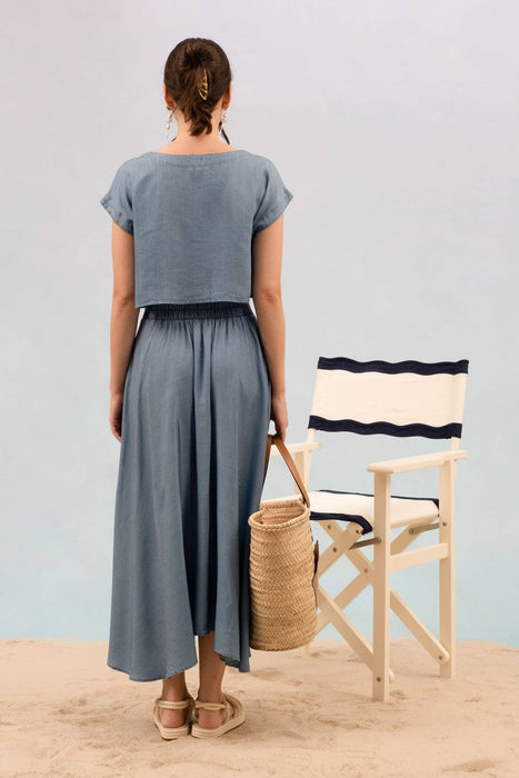 CHAMBRAY BOAT NECK BOXY CROP TOP