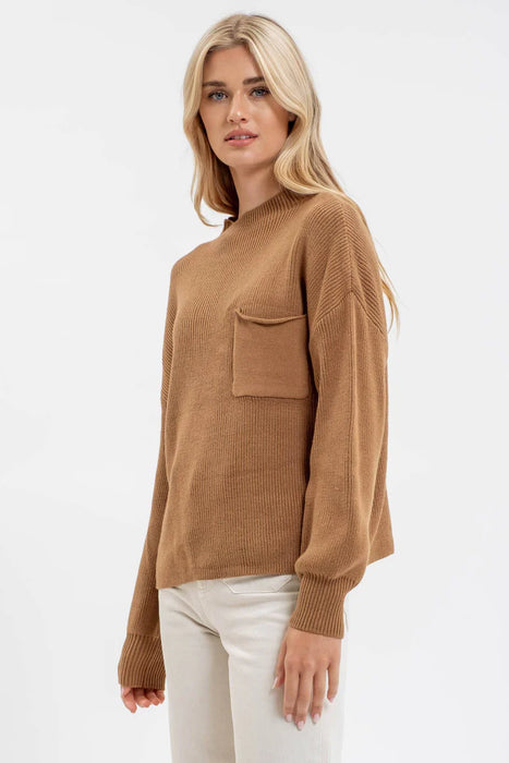 FUNNEL NECK LONG SLEEVE RIBBED PULLOVER SWEATER