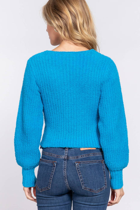 Long Puff Sleeve V-neck Rib Sweater Top